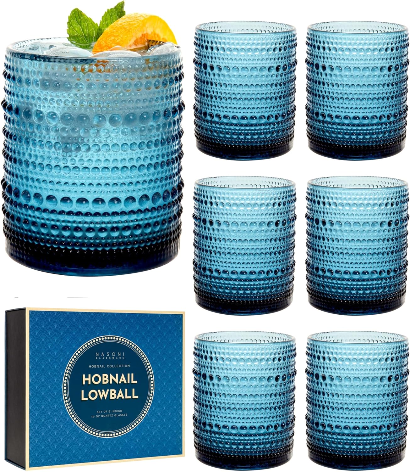 NASONI GLASSWARE 10 oz Hobnail Lowball Glasses Set of 6 (Indigo) in Luxury Box - Vintage Rocks Glass Beaded Embossed Drinkware Old Fashioned Tumbler for Whiskey, Bourbon, Liquor, Water, Juice