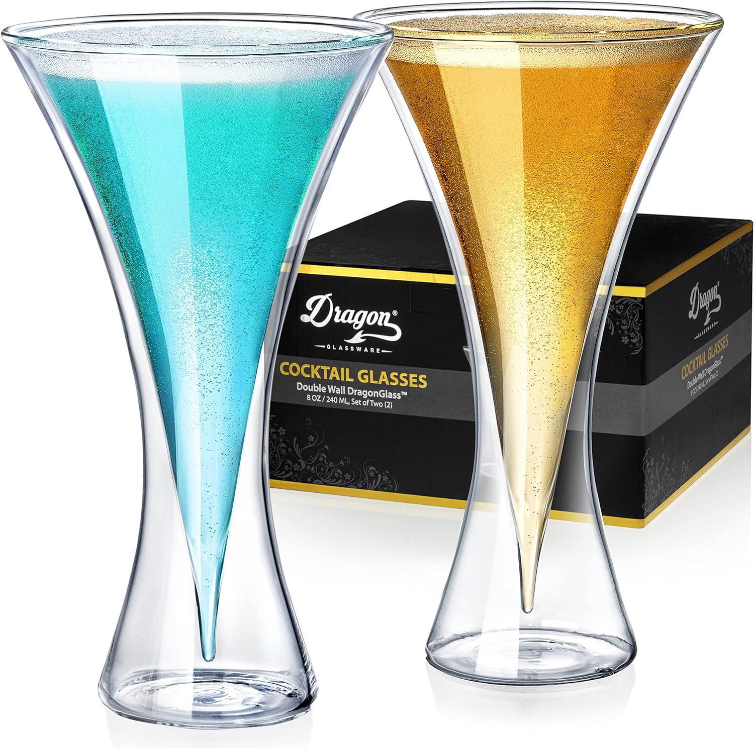 Dragon Glassware Martini Glasses, Clear Double Wall Insulated Cocktail Glass, Unique and Futuristic Drinkware, Keeps Drinks Cold Longer, 8 oz Capacity, Set of 2