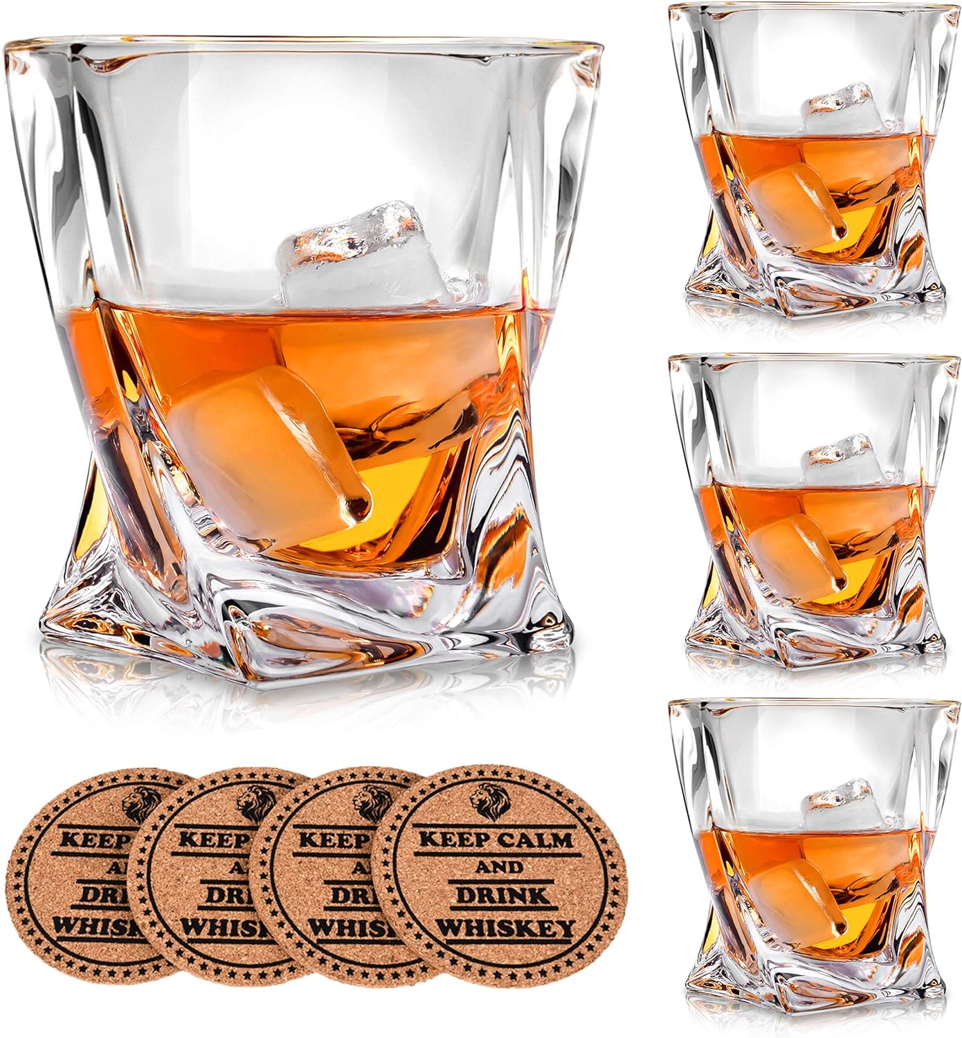 VACI GLASS Crystal Whiskey Glasses - Set of 4 - with 4 Drink Coasters, Crystal Scotch Glass, Malt or Bourbon, Glassware Set