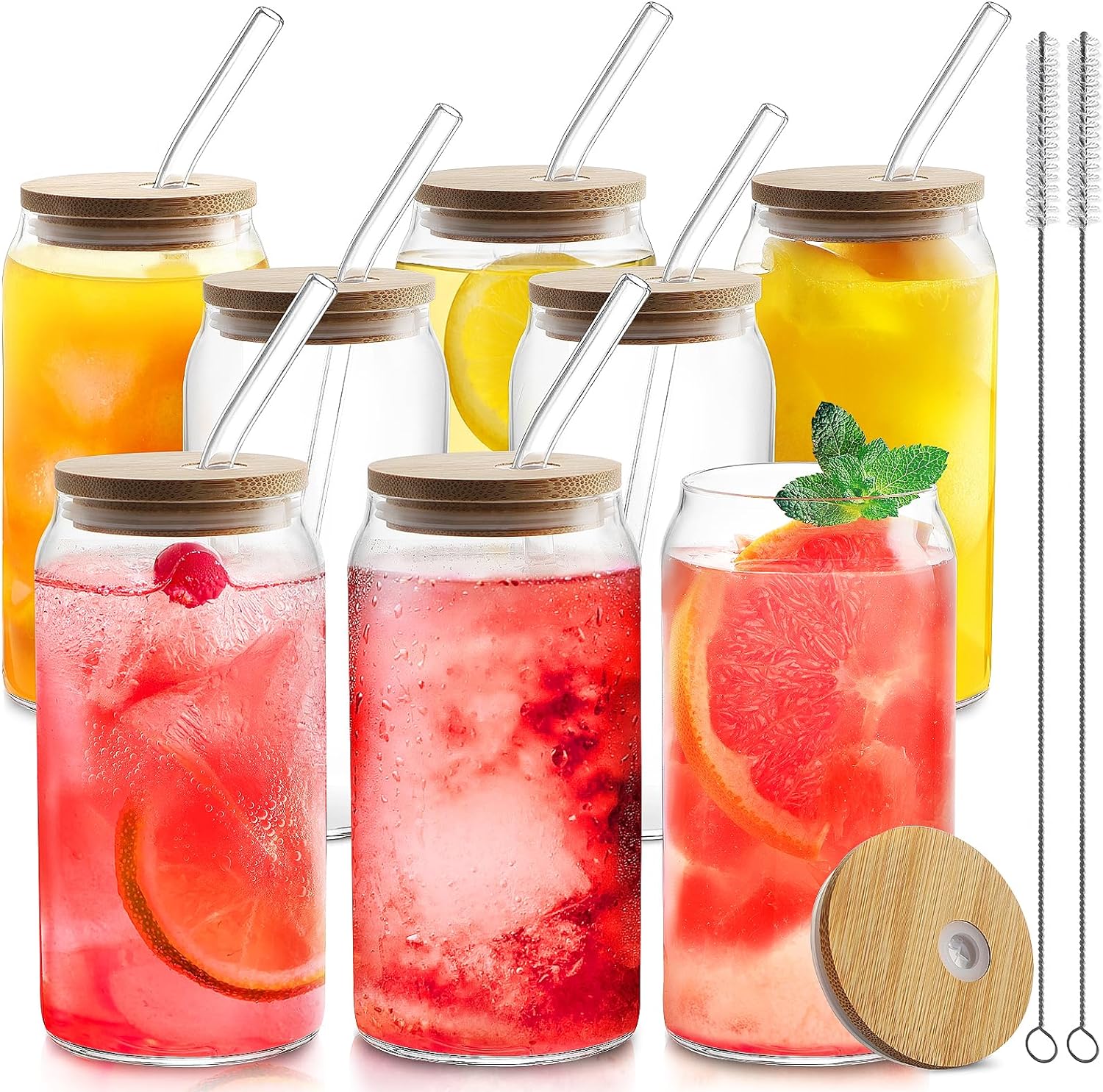 HOMBERKING Glass Cups with Bamboo Lids and Straws 8pcs Set, 20oz Can Shaped Cups, Beer Glasses, Iced Coffee Cups, Cute Tumbler with 2 Cleaning Brushes, Ideal for Cocktail, Whiskey, Tea, Gift