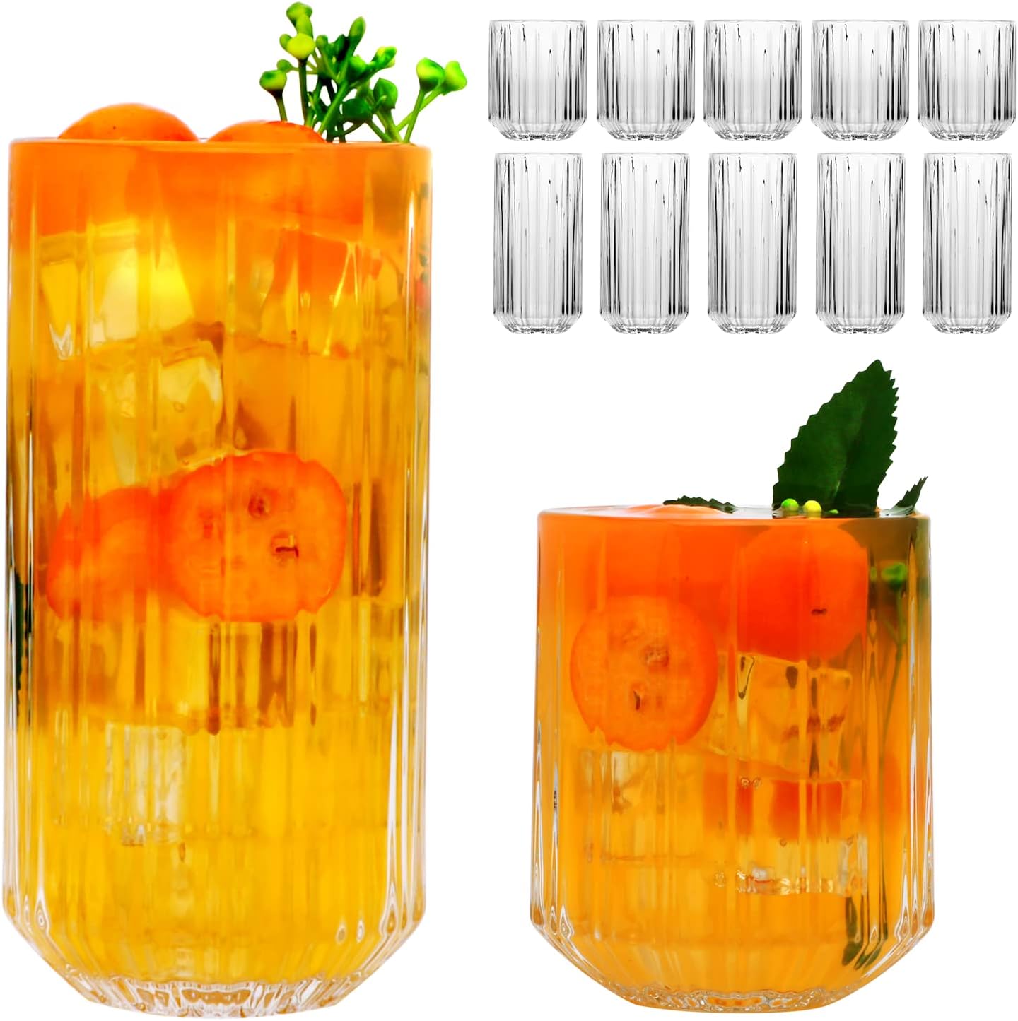 QAPPDA Drinking Glasses Set of 12,Clear Mixed Glassware Set,Vintage Ribbed 13oz Highball Glasses&10 oz Rocks Glasses,Origami Style Everyday Glassware for Cocktail,Whiskey,Juice,Water