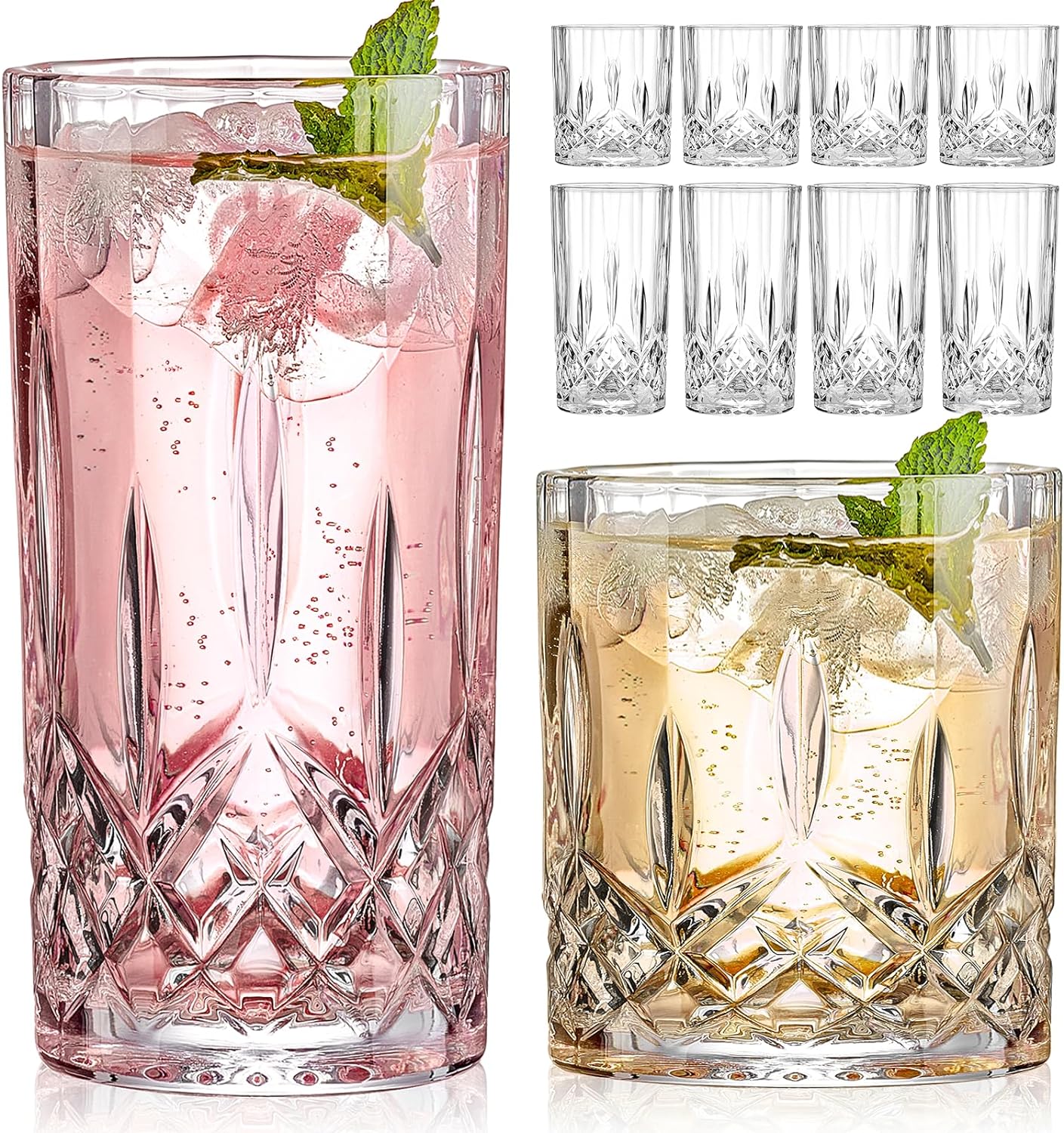 Qipecedm Drinking Glasses, 8 Piece Crystal Glass Cups, Mixed Glassware Set, 4 pcs Crystal Old Fashioned 11oz Highballs and 4 pcs 11oz Whiskey Glasses, Great for Cocktail, Whisky and other Beverages