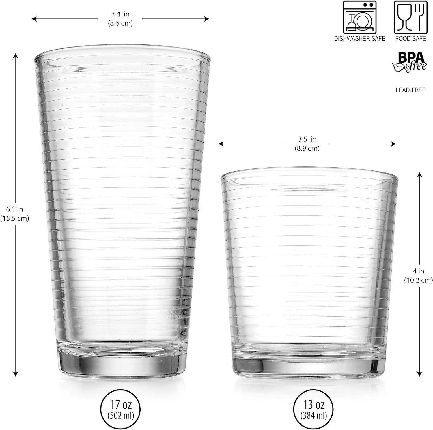 Glaver' Drinking Glasses 16 Piece Set, 8-17 Oz. Highball Glasses, 8-13 Oz. Whiskey Rocks, Ideal for Water, Juice, Cocktails, and Iced Tea. Dishwasher safe