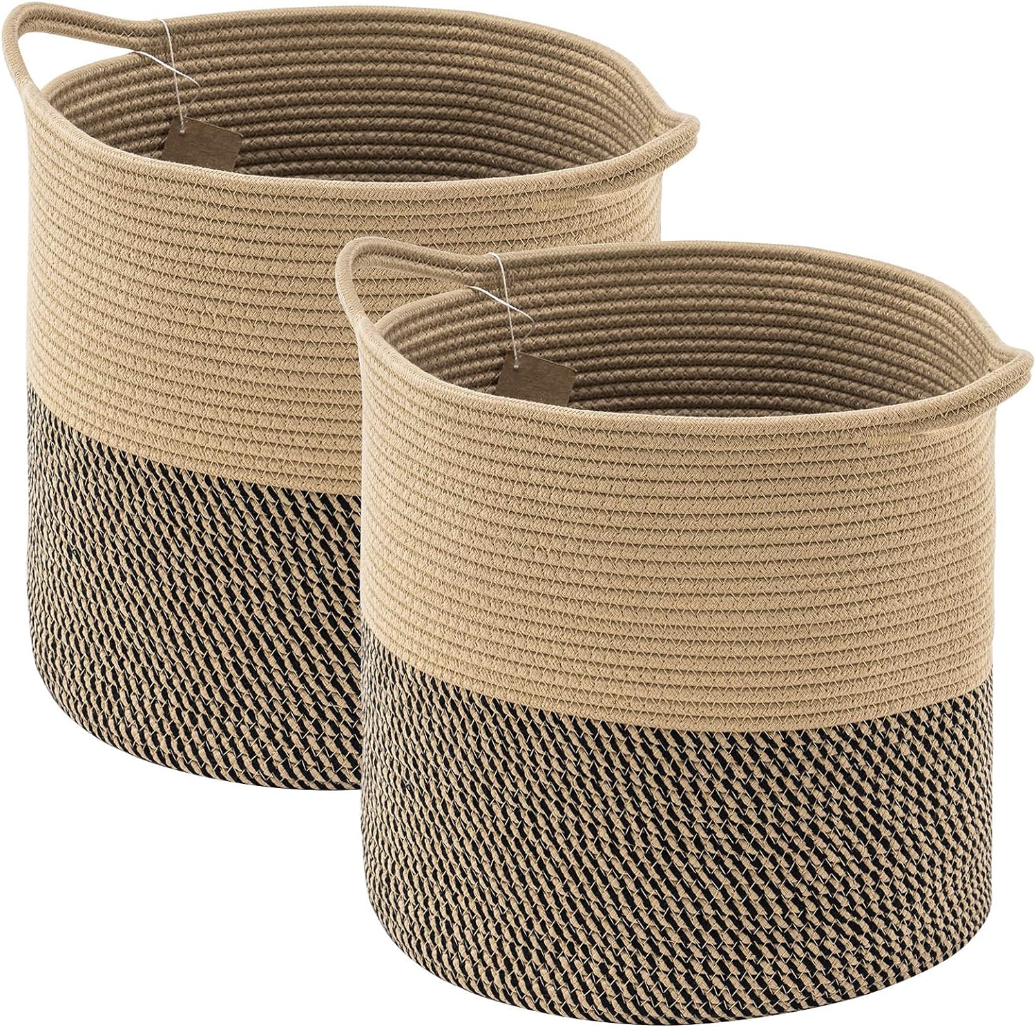 YOUDENOVA Cotton Rope Cube Storage Baskets, 13x13 Round Woven Baskets for Storage with Handles 2 Pack, Modern Decorative Storage Bins Dcor Baskets for 13 inch Cube Storage Shelves, Black & Jute