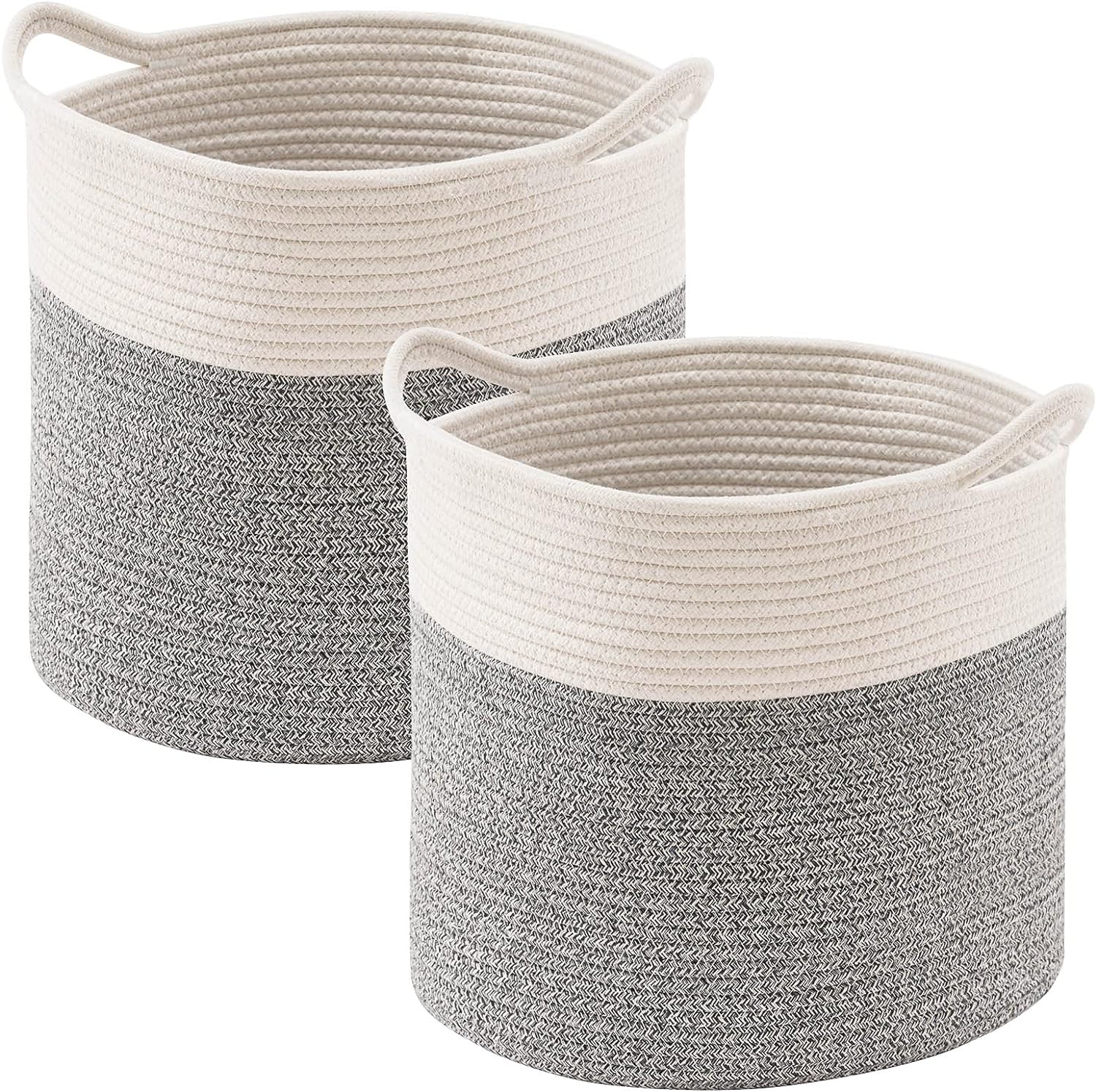 YOUDENOVA Cotton Rope Cube Storage Baskets, 13x13 Round Woven Baskets for Storage with Handles 2 Pack, Modern Decorative Storage Bins Dcor Baskets for 13 inch Cube Storage Shelves, Grey&Cream White