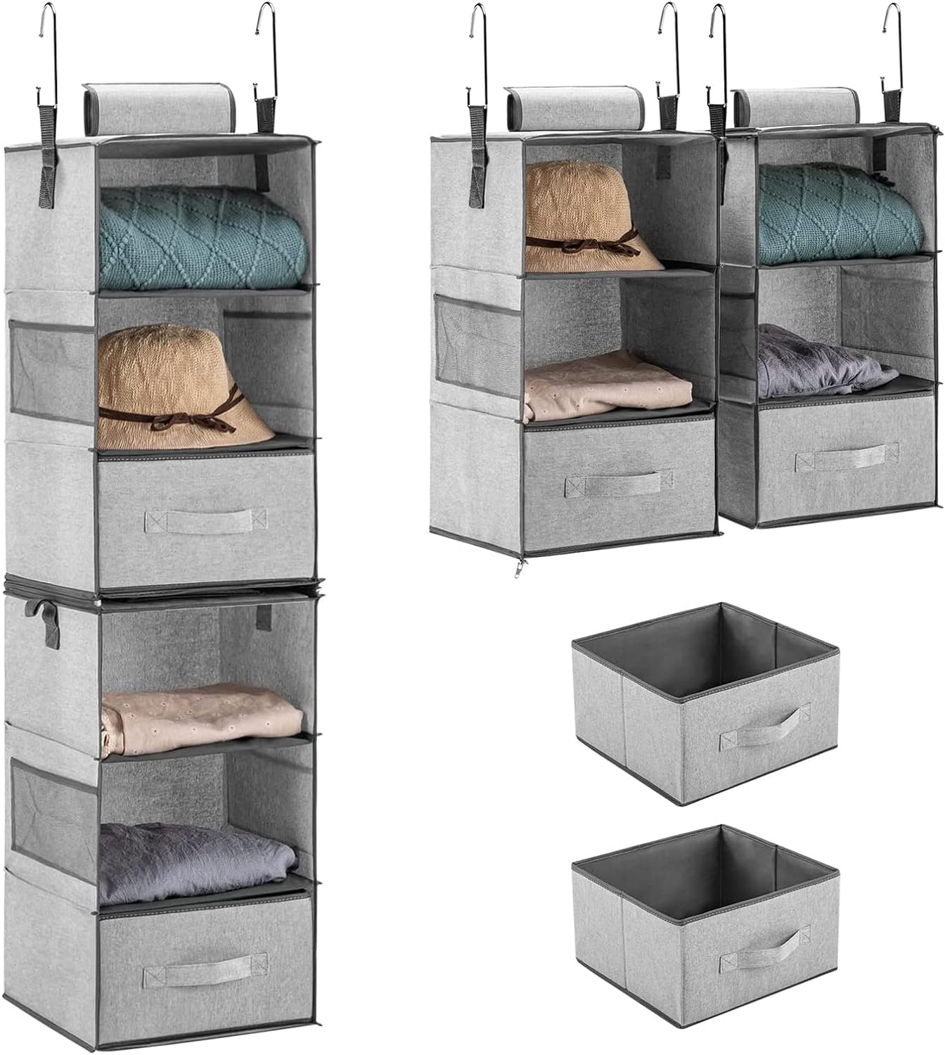 YOUDENOVA Hanging Closet Organizers with Drawers, Two 3-Shelf Separable Closet Hanging Shelves for Dorm, RV, Canvas, Grey
