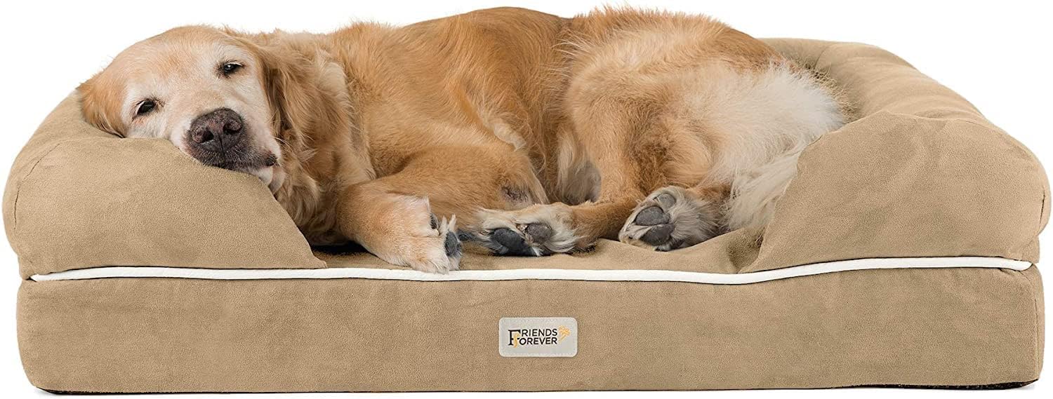 Friends Forever Large Dog Bed, Orthopedic Dog Sofa Memory Foam Mattress, Calming Dog Couch Bed, Wall Rim Pillow, Water Resistant Liner, Washable Cover, Non-Slip Bottom, Chester, Large Khaki Beige