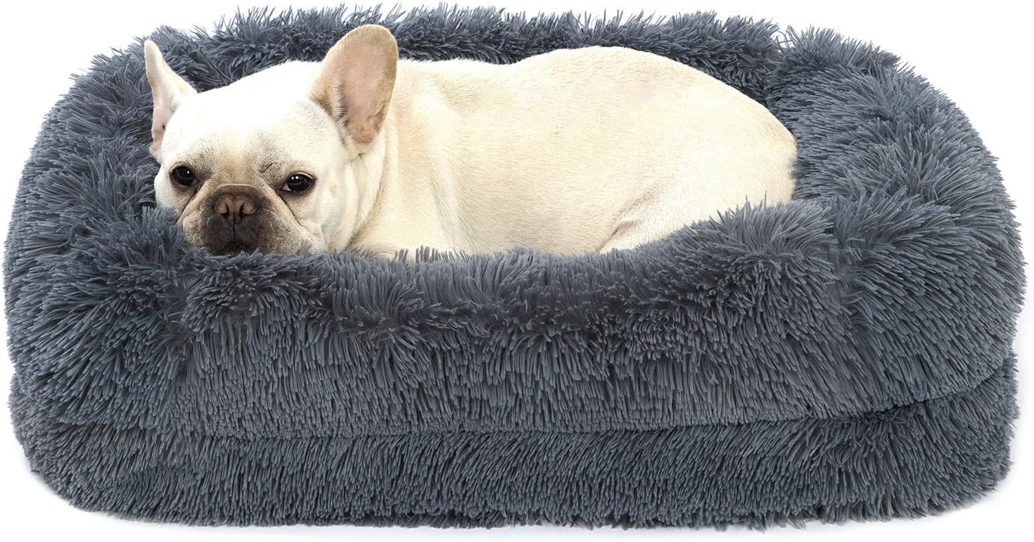 2 in 1 Calming Dog Beds for Medium Dogs, Dual Layer Orthopedic Egg Crate Foam & Memory Foam Faux Fur Shag Pet Mattress Warming Rectangle Cuddle Bed Comfy Anti Anxiety, Washable Cover Anti-Slip