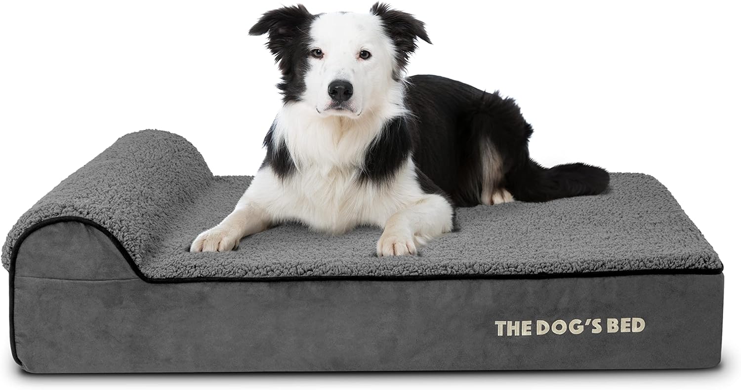 The Dogs Bed Orthopedic Headrest Dog Bed Large Grey Plush 40x25, Memory Foam, Pain Relief for Arthritis, Hip & Elbow Dysplasia, Post Surgery, Lameness, Supportive, Calming, Waterproof Washable Cover