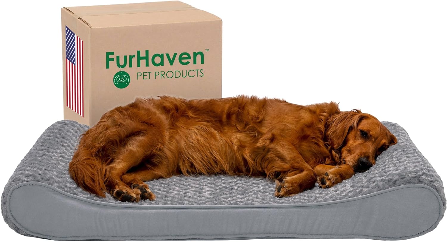 Furhaven Orthopedic Dog Bed for Large Dogs w/ Removable Washable Cover, For Dogs Up to 75 lbs - Ultra Plush Faux Fur & Suede Luxe Lounger Contour Mattress - Gray, Jumbo/XL