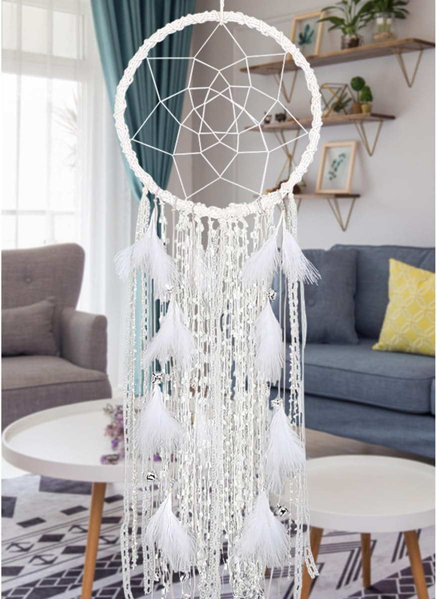 Alynsehom Extra Large Dream Catcher Kids Wall Hanging Decoration Handmade White Feather Boho Big Dreamcatchers with Bells Wedding Dream Catchers Bedroom Craft Ornament Gift (Dia 12, Length 41)