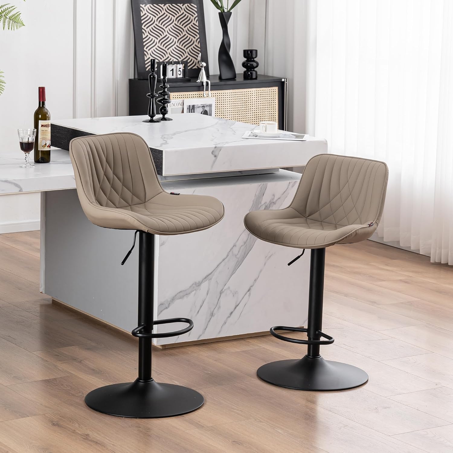 YOUTASTE Khaki Bar Stools Set of 2, Adjustable Swivel Modern Barstools Luxury Upholstered Faux Leather Bar Stool Counter Height Metal Chairs with Back for Home Kitchen Island