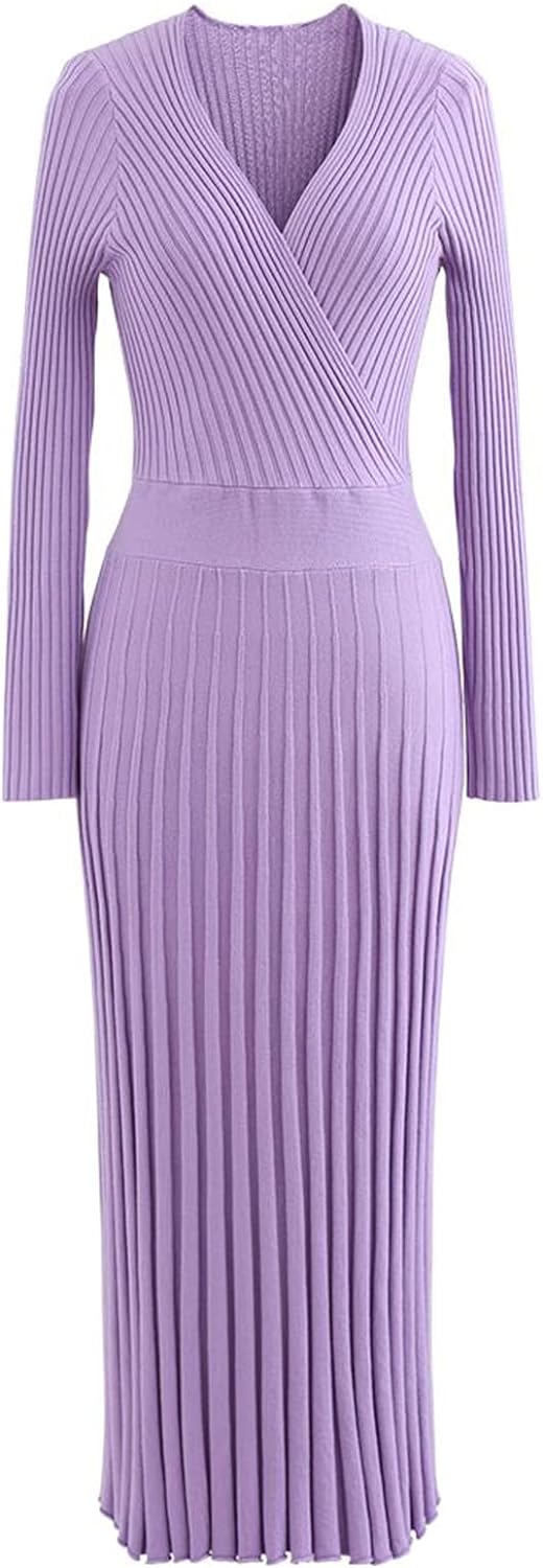 CHICWISH Women' Lilac/Black/Camel/Baby Blue V-Neck Soft Knit Contrast Hem Wrap Midi Dress