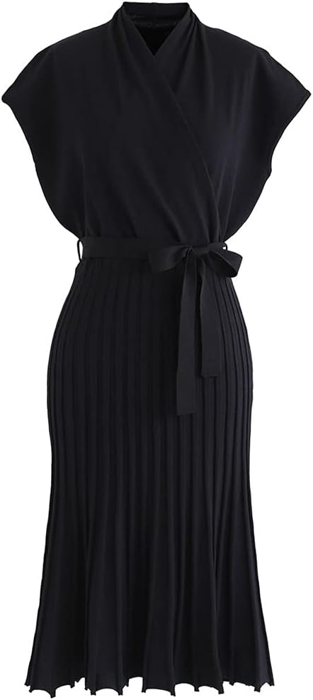 CHICWISH Women' Black Bowknot Pleated Sleeveless Wrapped Knit Midi Dress