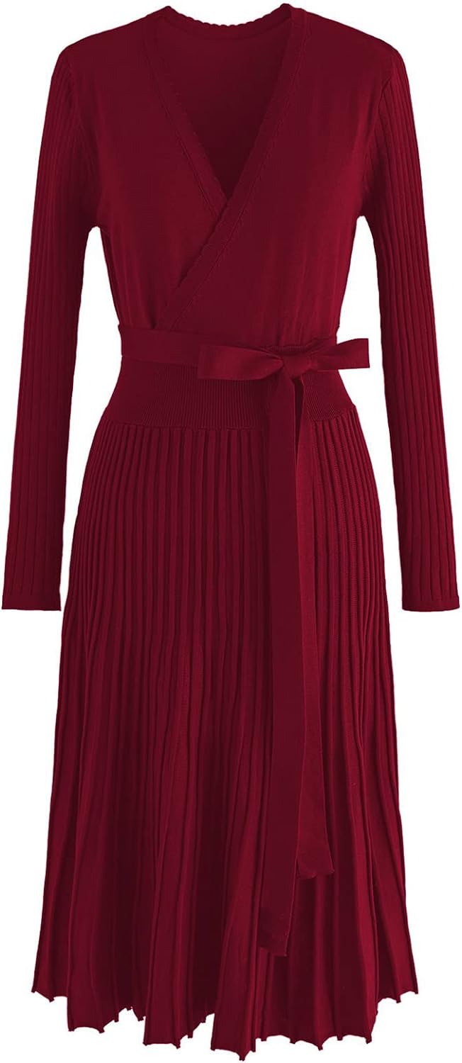 CHICWISH Women' Nude/Red/Black/Emerald/Lilac V-Neck Tie-Waist Wrap Pleated Ribbed Knitted Dress