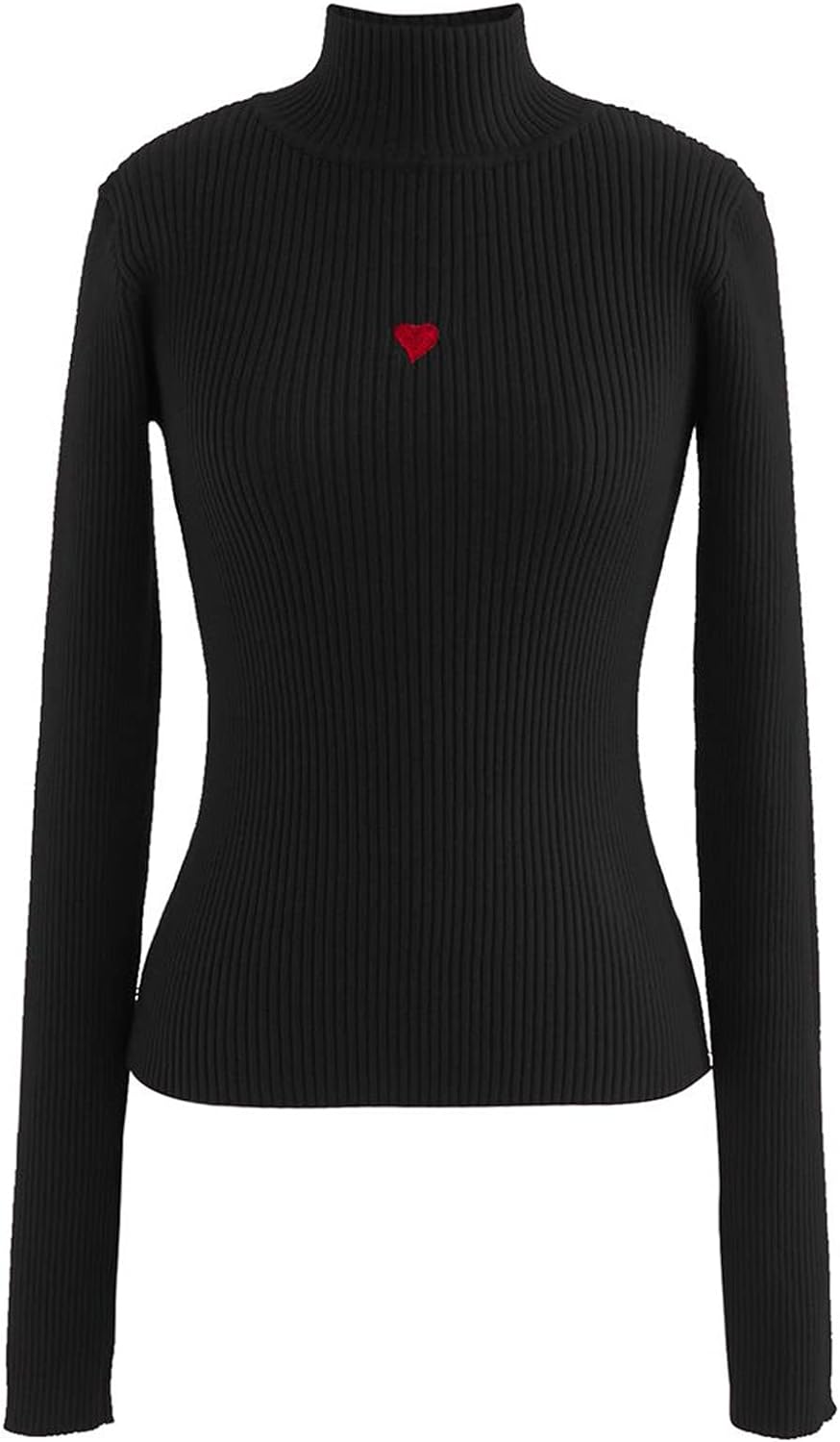 CHICWISH Women' White/Black Little Heart Embroidered High Neck Fitted Knit Top