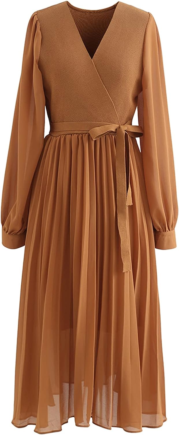 CHICWISH Women' Caramel/Black/Blue/Cream Knit Spliced Self-Tie Pleated Wrap Midi Dress