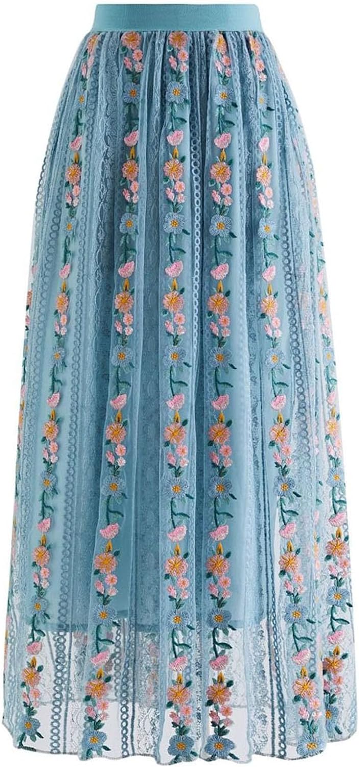 CHICWISH Women' Dusty Blue Flower Chain Embroidered Floral Mesh Midi Skirt