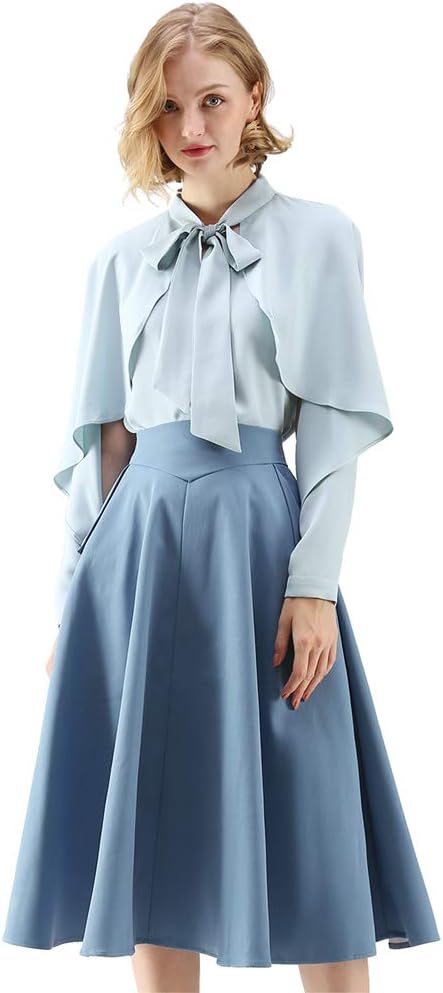 CHICWISH Women' Classic Simplicity Blue A-Line Midi Skirt with Side Pockets