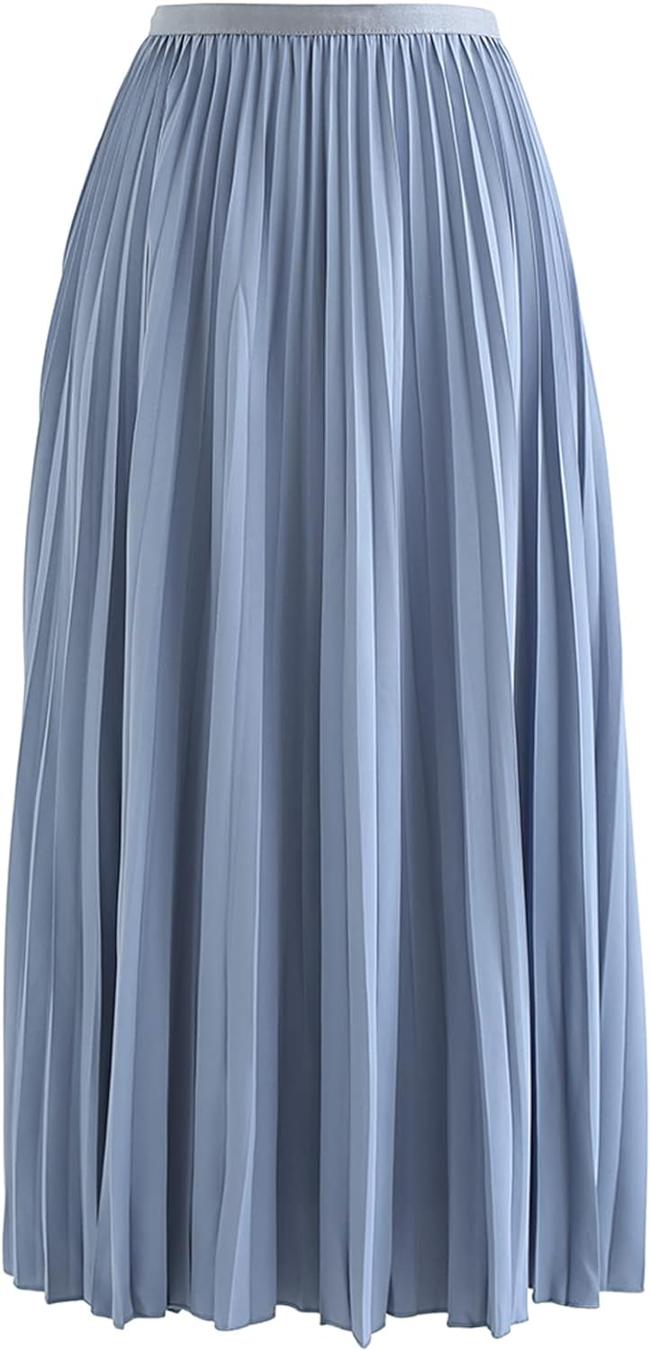 CHICWISH Women' Green/Lilac/Purple/Magenta/Light Yellow/Mustard/Navy/Blue Simplicity Pleated Midi Skirt