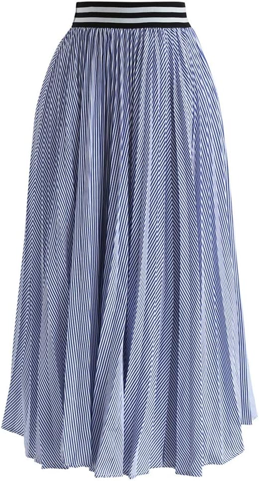 CHICWISH Women' Blue and White Stripe Pleated A-Line Midi Prom Party Skirt