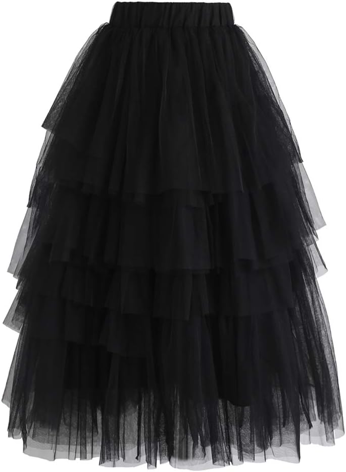 CHICWISH Women' Nude Pink/Black Tiered Layered Mesh Ballet Prom Party Tulle Tutu A-line Midi Skirt