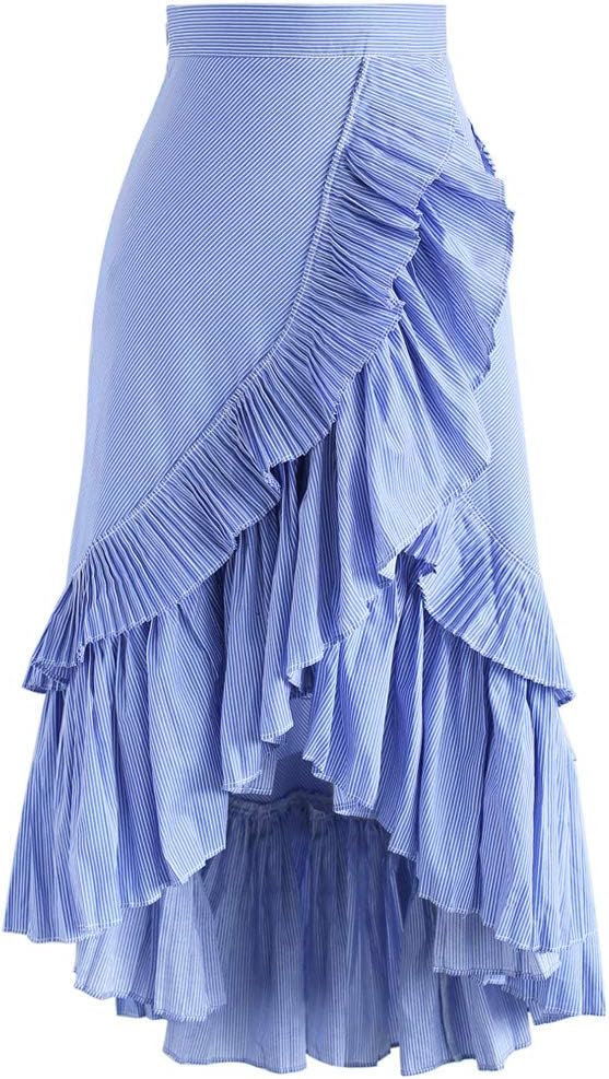 CHICWISH Women' Blue Stripes Ruffle Tiered Frill Asymmetric Hem Midi Prom Party Skirt