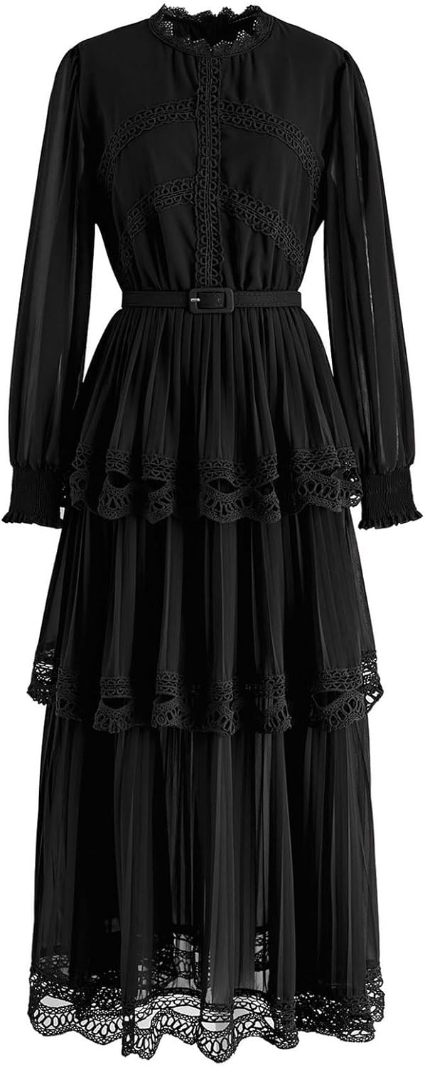 CHICWISH Women' Black/Burgundy/Red/Yellow Crochet Lace Pleated Tiered Chiffon Maxi Dress