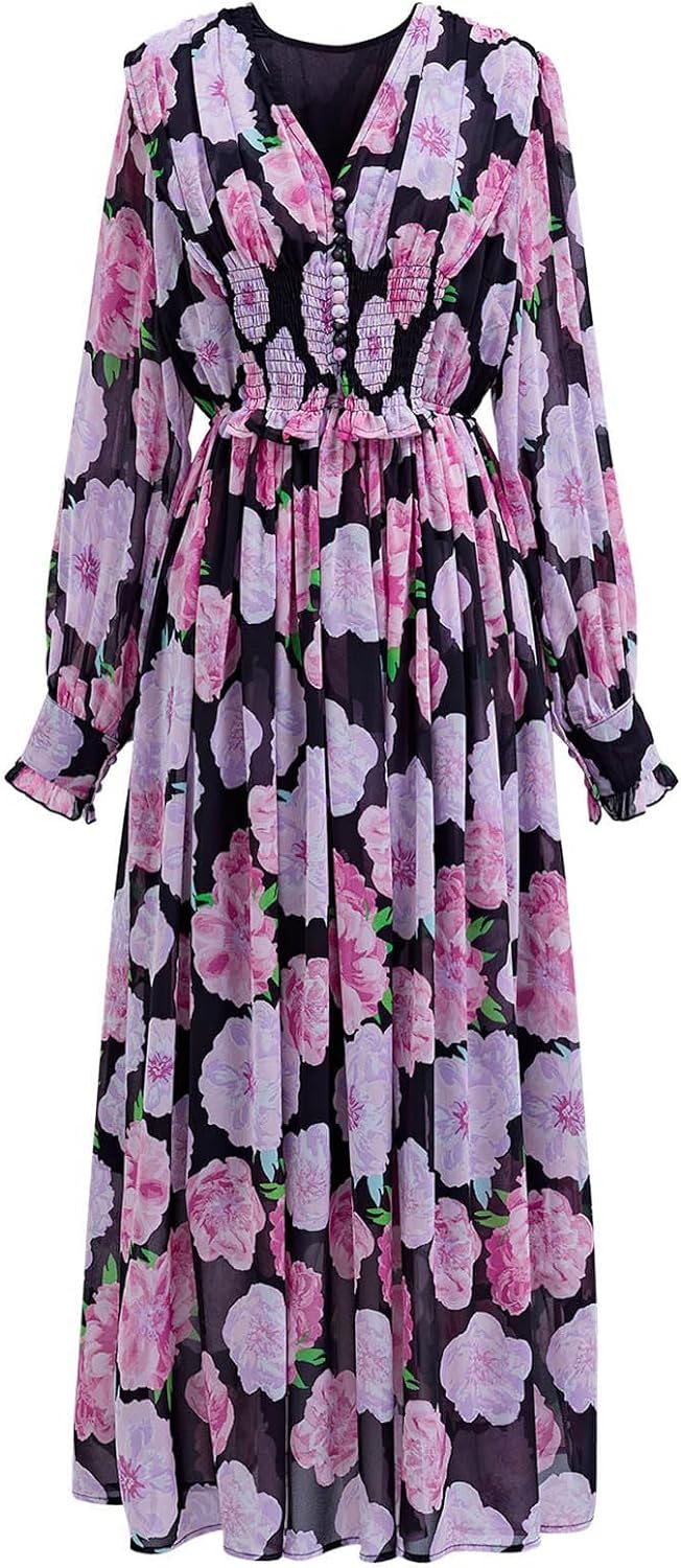 CHICWISH Women' Orange/Lilac/Black V-Neck Delicate Floral Print Buttons Shirred Chiffon Slit Maxi Dress