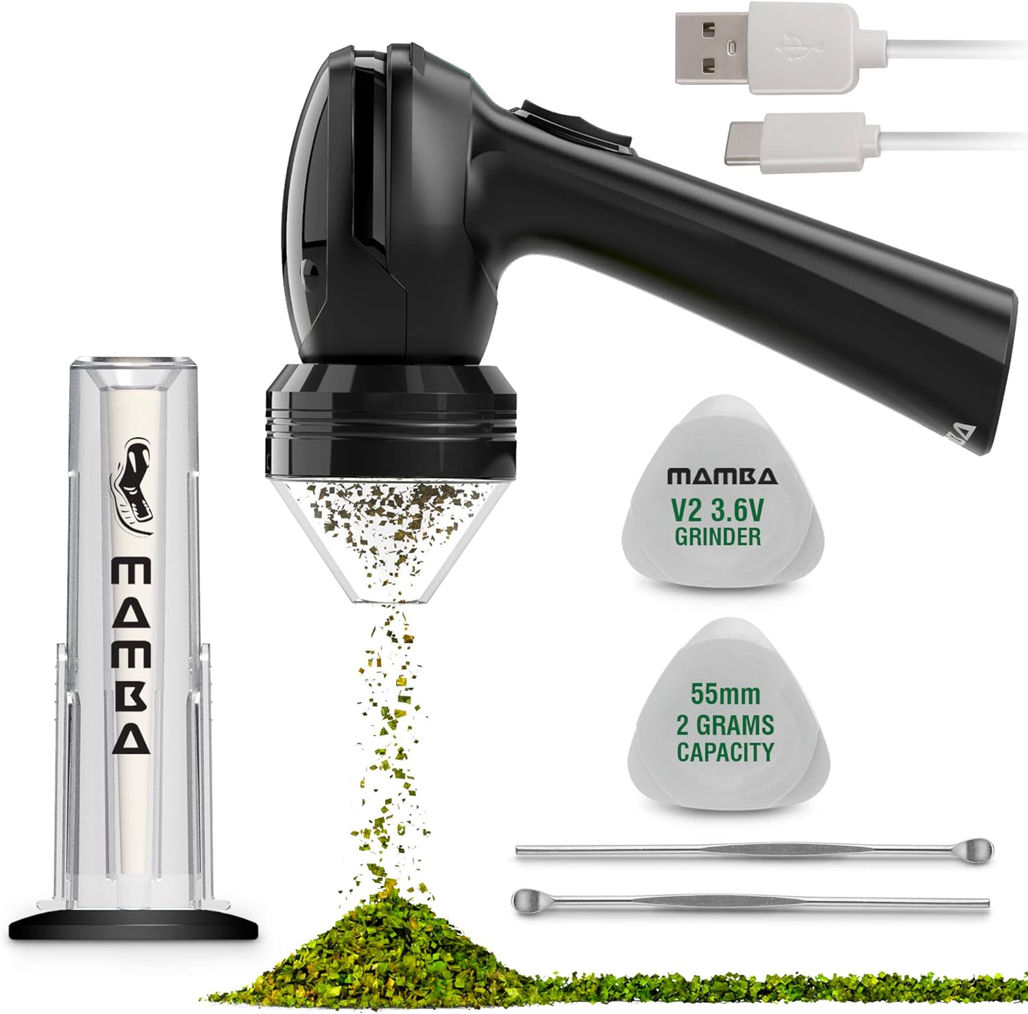 Mamba V2-55 2g Black Electric Portable Herb Grinder. USB Powered Essential Kitchen Mill for Grinding