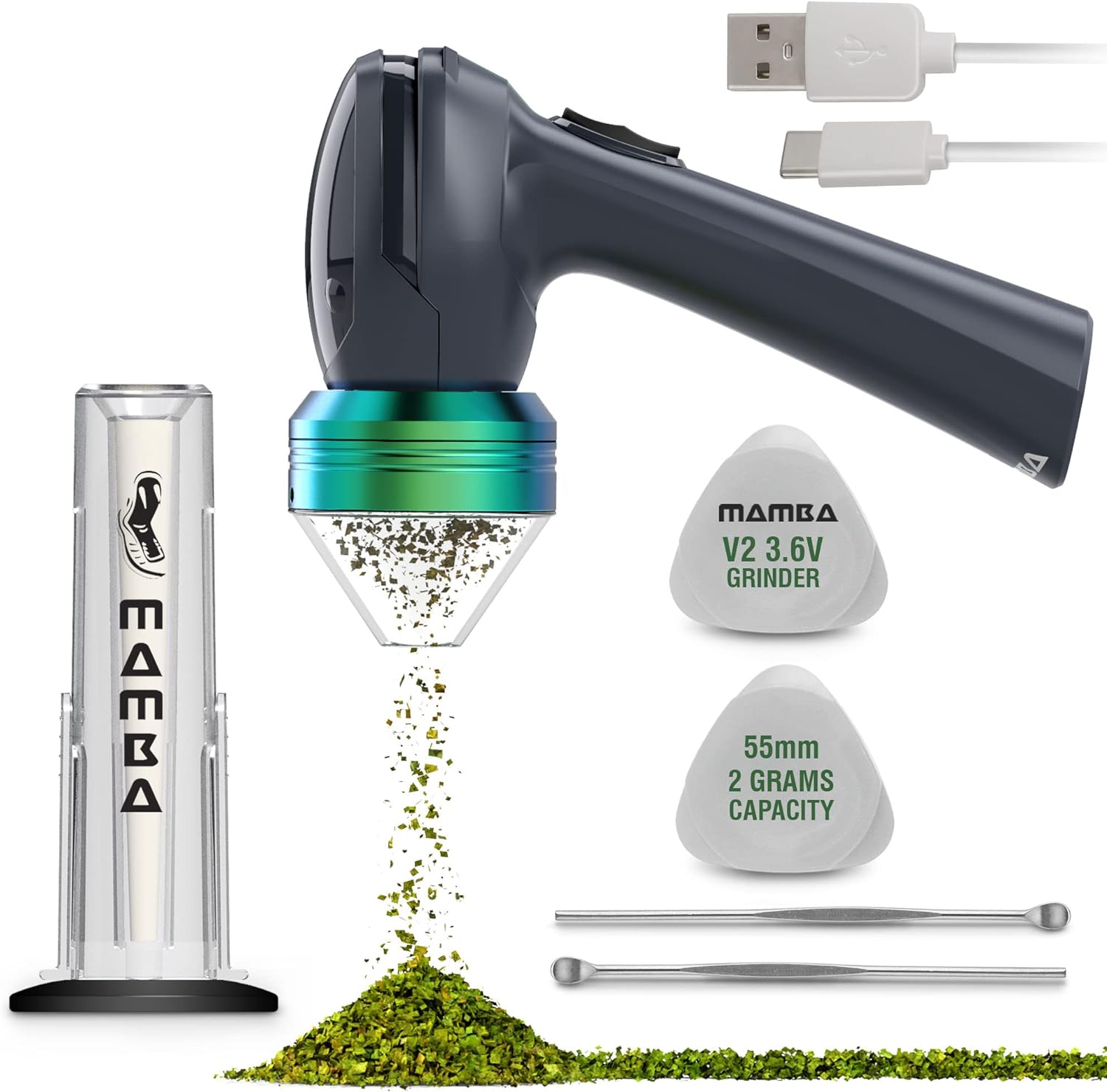 Mamba V2-55 Electric Herb Grinder, USB Rechargeable Automatic Grinder Fast Mill with Aluminum Alloy Head, includes Herb and Spices Holding System (Charcoal)