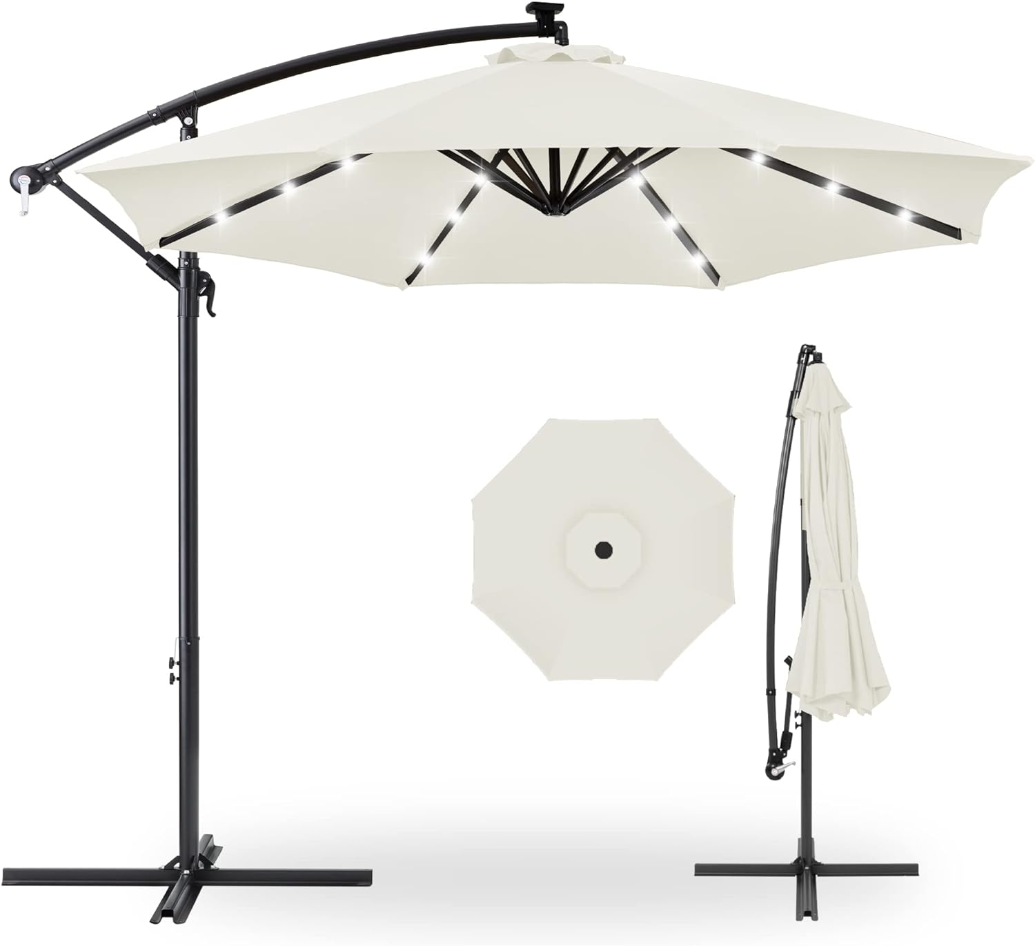 Best Choice Products 10ft Solar LED Offset Hanging Market Patio Umbrella for Backyard, Poolside, Lawn and Garden w/Easy Tilt Adjustment, Polyester Shade, 8 Ribs - Ivory