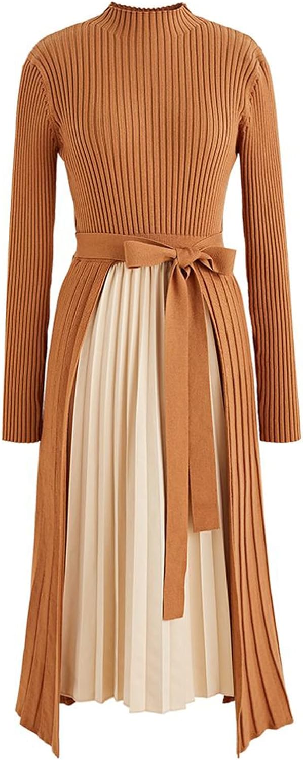 CHICWISH Women' Black/Dark Green/Caramel/Cream/Violet Front Pleats Splicing Belted Hi-Lo Knit Midi Dress