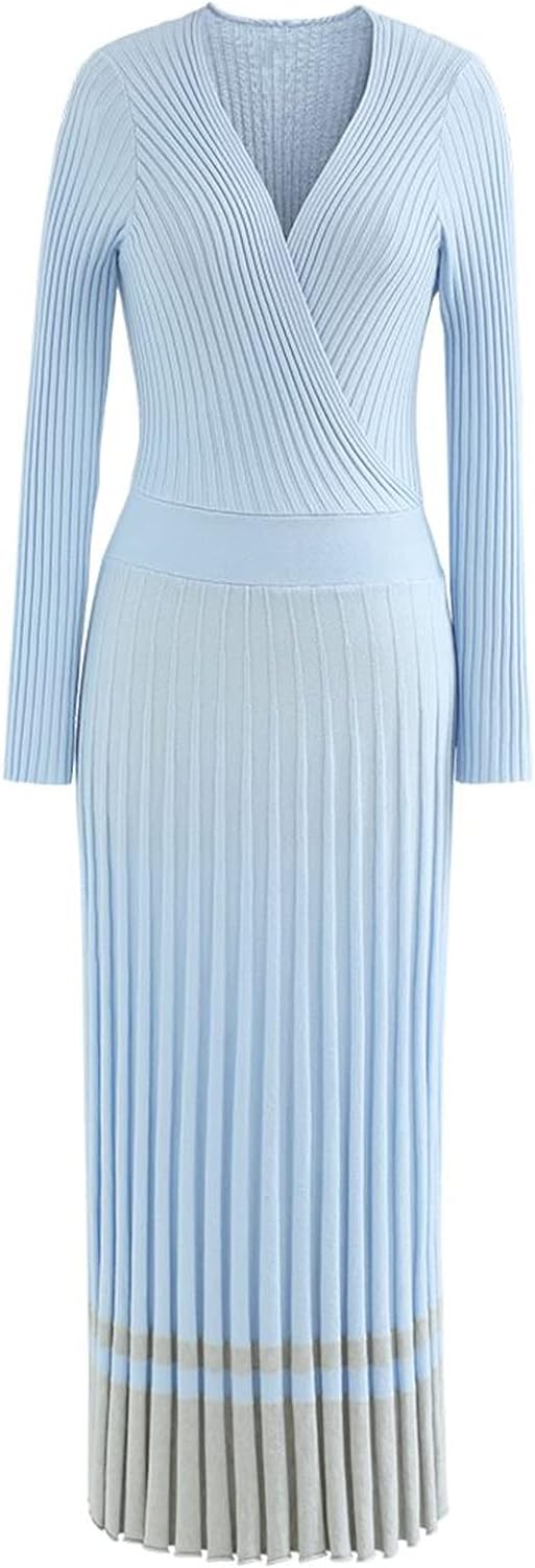 CHICWISH Women' Lilac/Black/Camel/Baby Blue V-Neck Soft Knit Contrast Hem Wrap Midi Dress