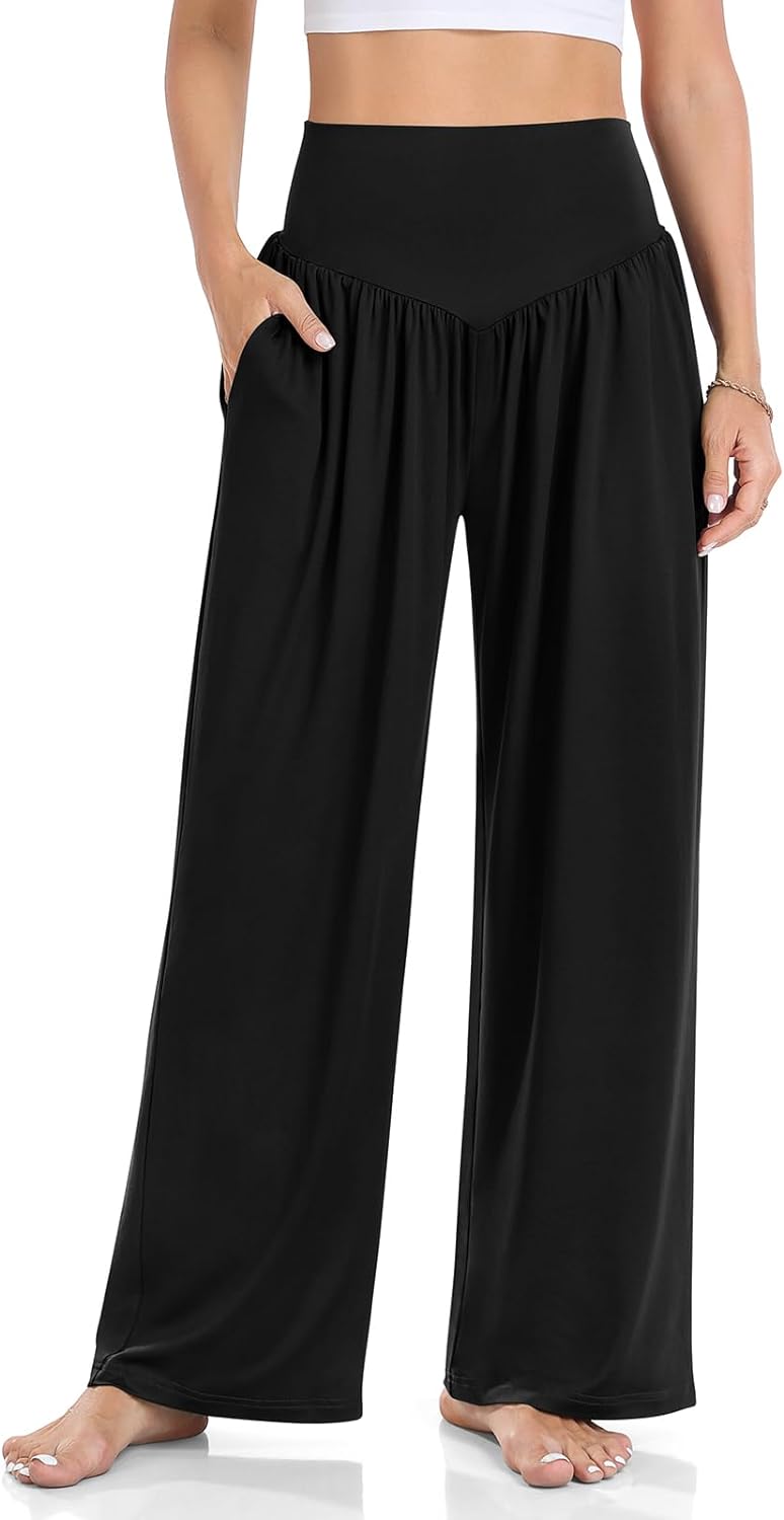 UEU Womens Wide Leg Pants Casual Loose Yoga Lounge Elastic V-Shaped High Waist Palazzo Pants with Pockets