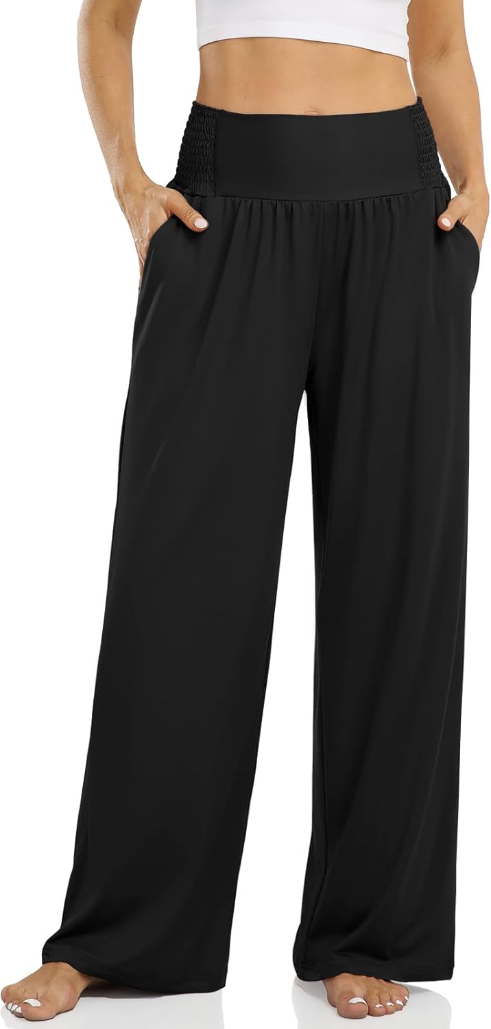 UEU Women' Wide Leg Pants Elastic High Waisted Travel Lounge Yoga Palazzo Pants with Pockets