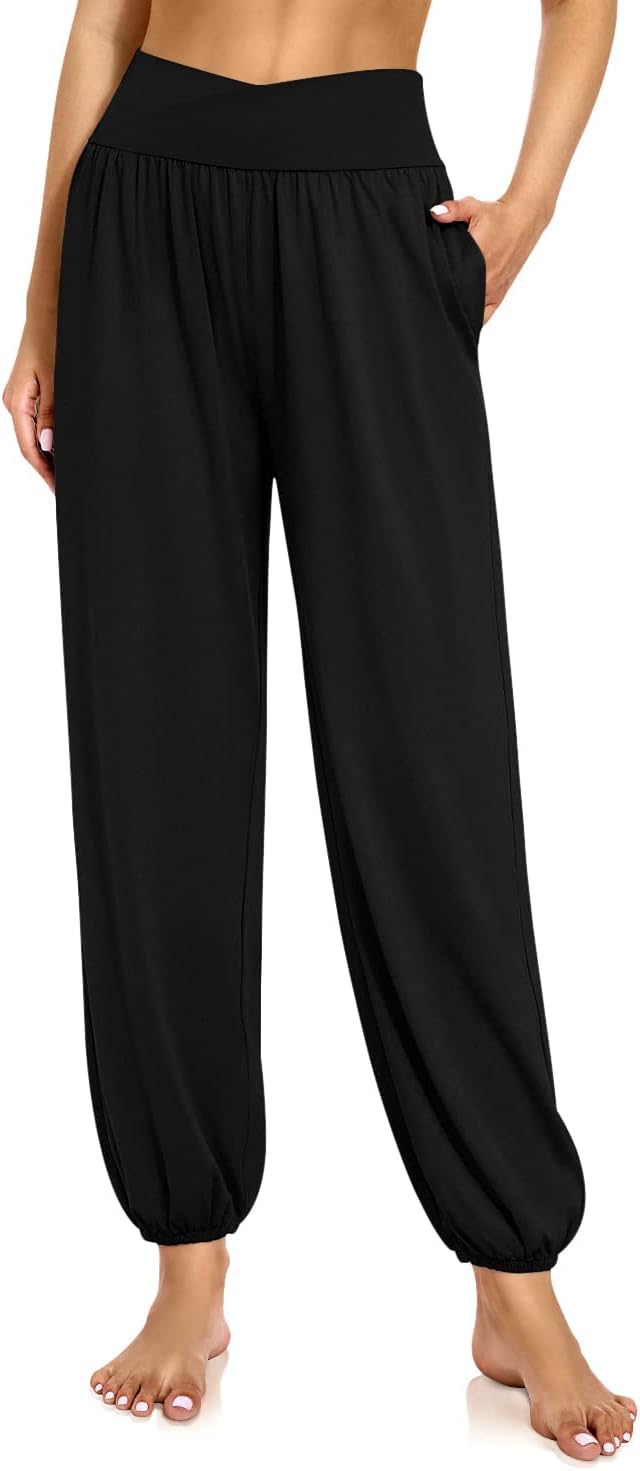 UEU Women' Harem Crossover High Waisted Flowy Pants Yoga Joggers with Pockets Lounge Pajamas Casual Loose Sweatpants