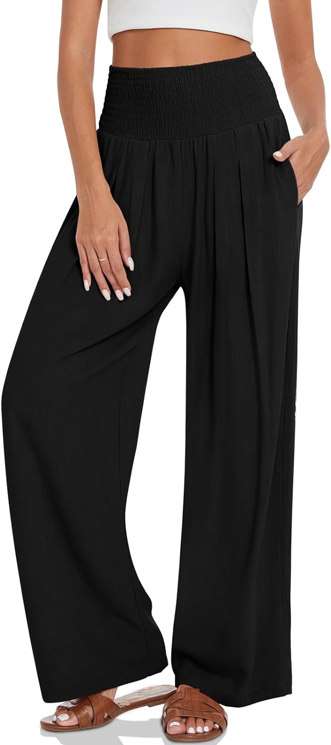 UEU Women' Linen Palazzo Pants Wide Leg High Waisted Lounge Casual Beach Pants with Pockets