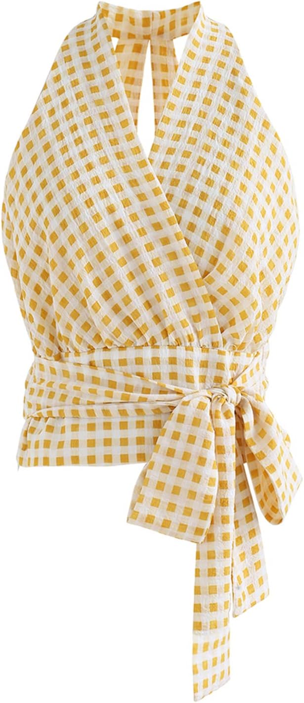 CHICWISH Women' Comfy Casual Mustard/Black Embossed Gingham Tie-Waist Halter Crop Top