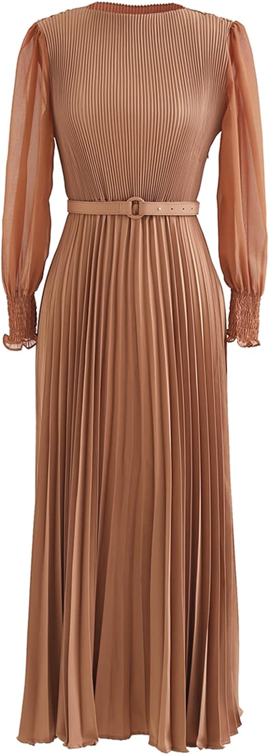 CHICWISH Women' Lilac/Yellow/Dark Green/Tan Full Pleated Belted Maxi Dress