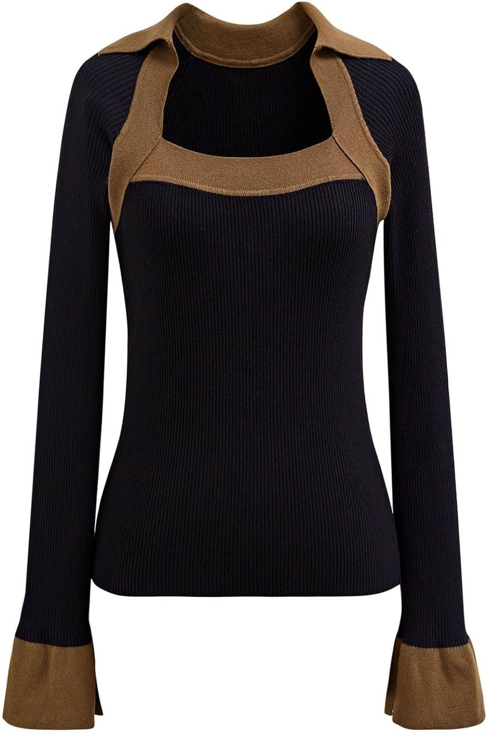 CHICWISH Women' 2023 Long Sleeve Fall Fashion Black/Cream Square Neck Knit Top Split Bell Cuffs Pullover Casual Sweater