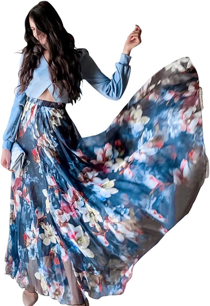 CHICWISH Women' Floral Watercolor Flower Maxi Floral Chiffon Slip Skirt