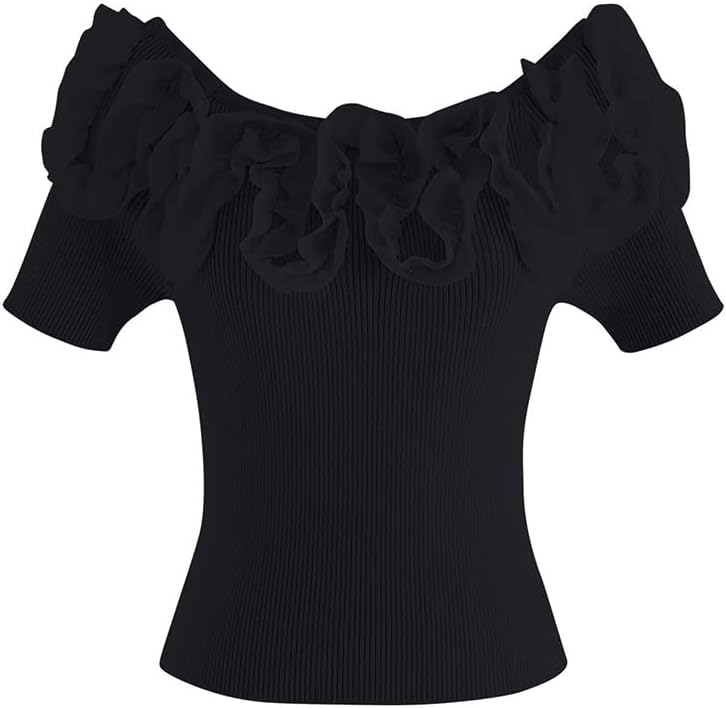 CHICWISH Women' Black/White/Pink Ruffle Mesh Boat Neck Knit Top