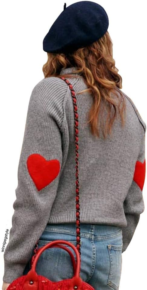 CHICWISH Women' Comfy Casual Long Sleeve Heart Shape Patched Grey/White/Navy Knit Top Pullover Sweater