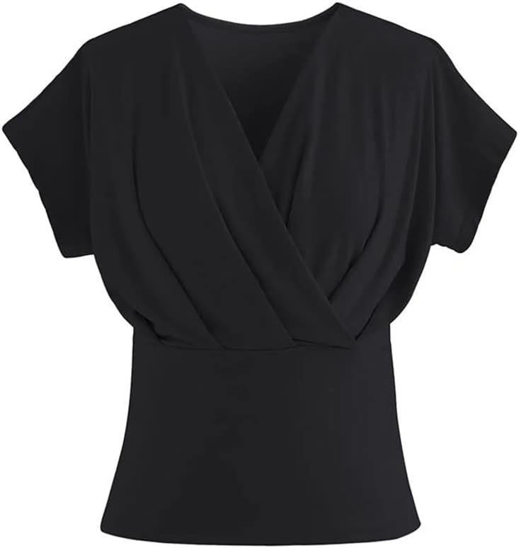 CHICWISH Women' Black Ultra-Soft Short-Sleeve Cotton Wrap Top