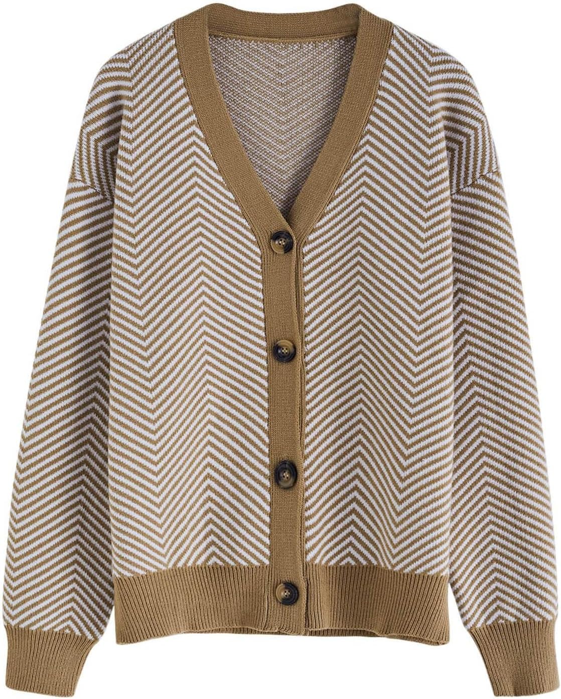 CHICWISH Women' Camel/Black Zigzag Stripe Pattern V-Neck Buttoned Knit Cardigan