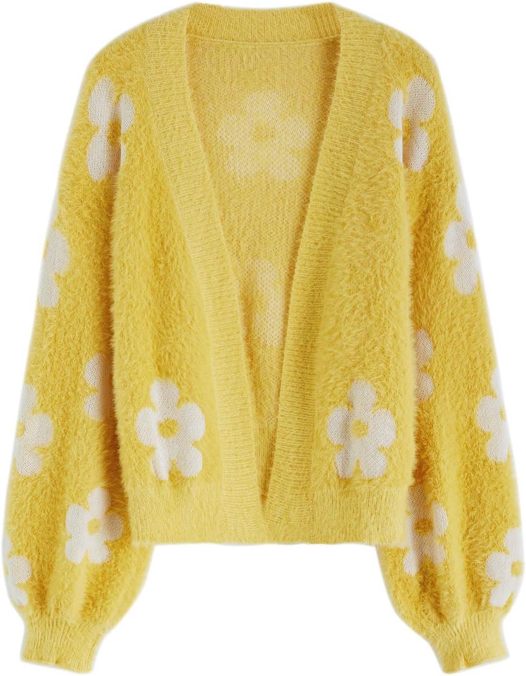 CHICWISH Women' Yellow/Orange/Ivory Cuteness Flowers Fuzzy Knit Cardigan