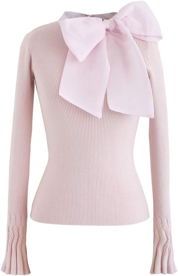 CHICWISH Women' Fancy with Bowknot Knit Top in Black/Pink/Cream/White