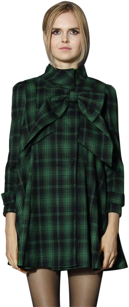 CHICWISH Women' Comfy Casual Warm Big Bow Green/Red Tartan Check Dolly Dress Coat