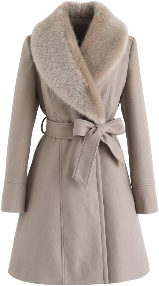 CHICWISH Women' Taupe/Nude Pink/Black Faux Fur Wide Lapel Turn Down Shawl Collar Belted Flare Wool Blend Coat